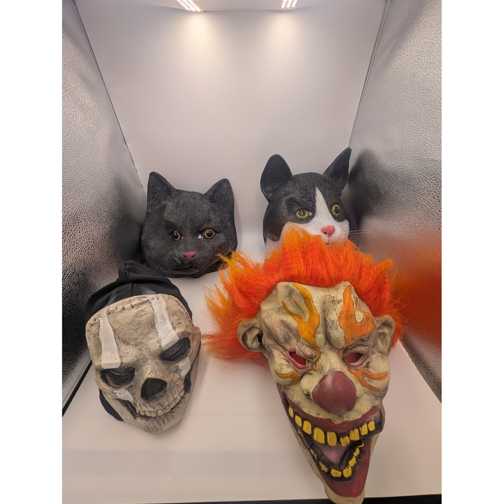 Halloween Mask Lot of 4 Evil Clown Skull Ghost Tuxedo Black Cat‎ Latex Costume